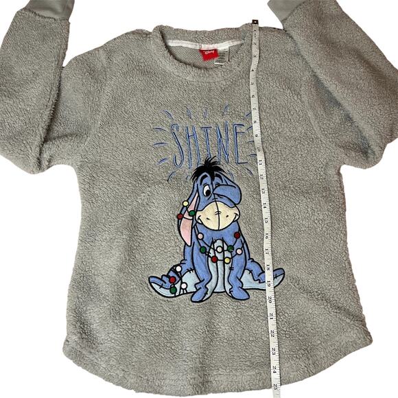 Disney Eeyore “Shine” Gray Sherpa Fleece Holiday Pullover Sweater Size Medium - Picture 7 of 7